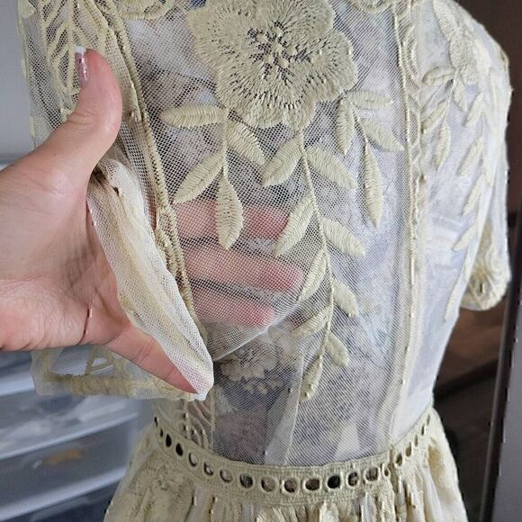 Alythea Sheer Embroidered Neutral Feminine Cottagecore Dress Shorts Romper - Picture 8 of 10